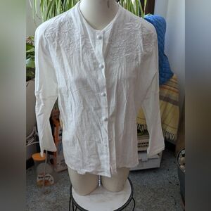 No Label White Embroidered Jewelneck Button Frt 3/4 Length Woven Gauze Blouse 14